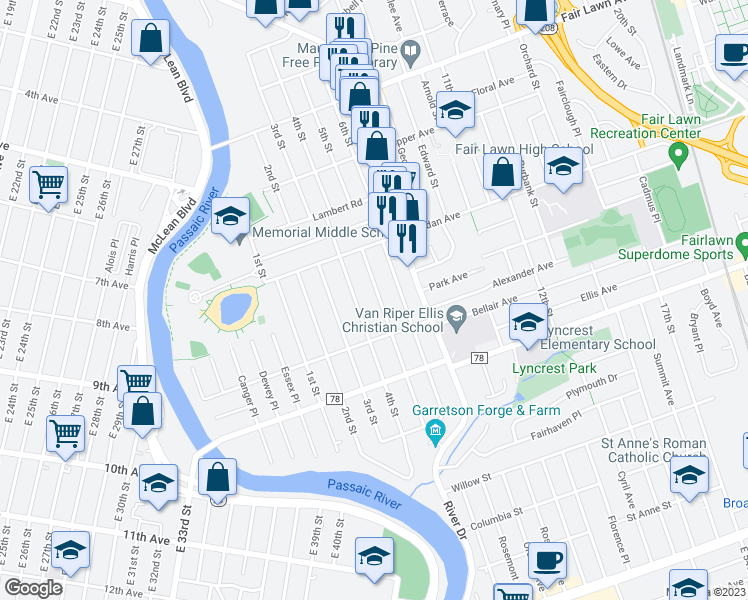map of restaurants, bars, coffee shops, grocery stores, and more near 10-06 5th Street in Fair Lawn