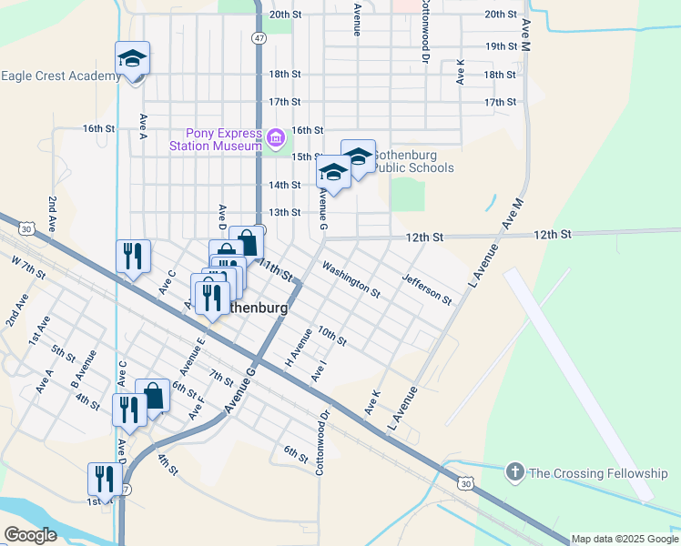 map of restaurants, bars, coffee shops, grocery stores, and more near 798 Washington St in Gothenburg