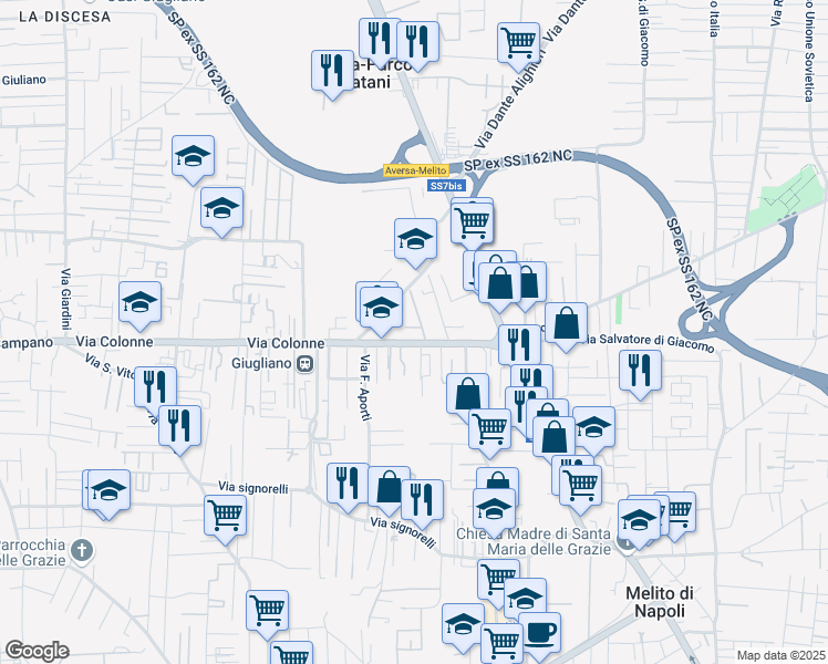 map of restaurants, bars, coffee shops, grocery stores, and more near 14 Via Colonne in Melito di Napoli