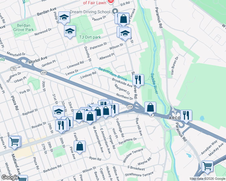 map of restaurants, bars, coffee shops, grocery stores, and more near 39-01 Northern Drive in Fair Lawn
