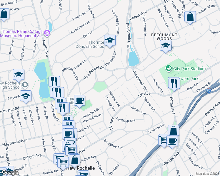 map of restaurants, bars, coffee shops, grocery stores, and more near 27 Claire Avenue in New Rochelle