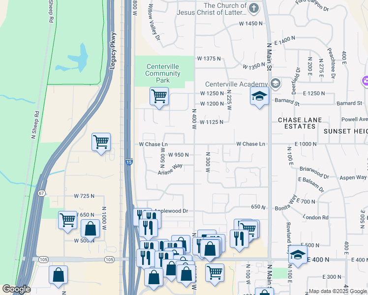 map of restaurants, bars, coffee shops, grocery stores, and more near 433 West Chase Lane in Centerville