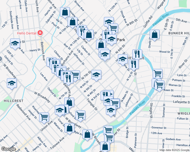 map of restaurants, bars, coffee shops, grocery stores, and more near 180 Jefferson Street in Paterson