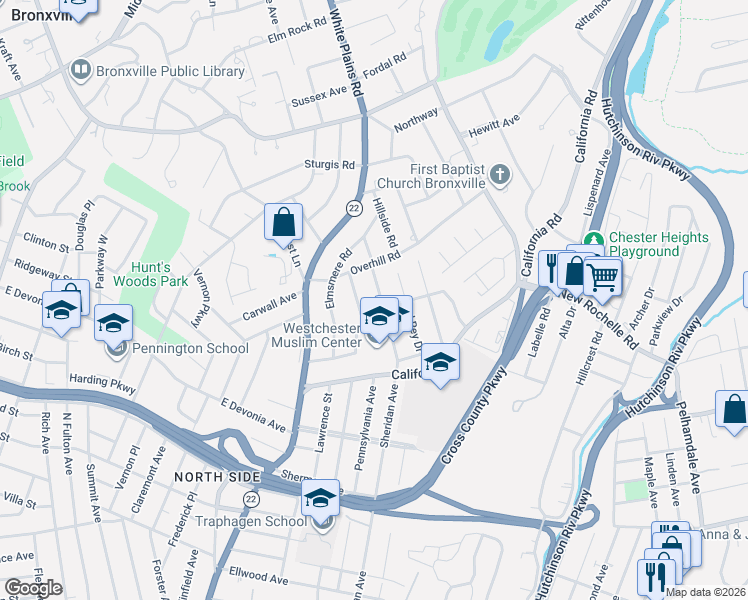map of restaurants, bars, coffee shops, grocery stores, and more near 72 Brookfield Road in Mount Vernon