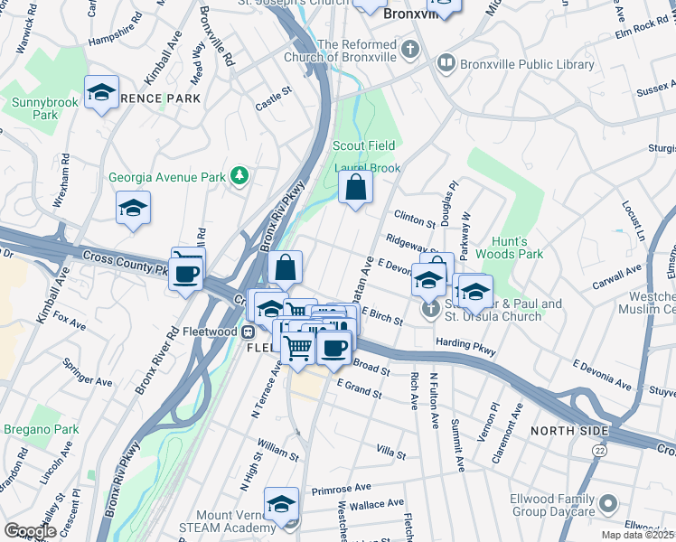 map of restaurants, bars, coffee shops, grocery stores, and more near 329 Collins Avenue in Mount Vernon