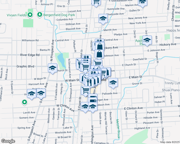 map of restaurants, bars, coffee shops, grocery stores, and more near 20 West Church Street in Bergenfield