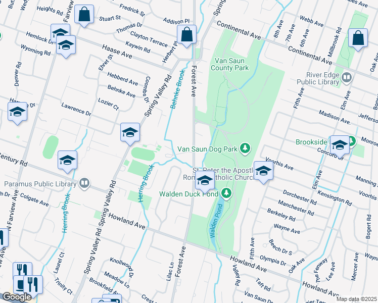 map of restaurants, bars, coffee shops, grocery stores, and more near 5 Sipporta Lane in Paramus