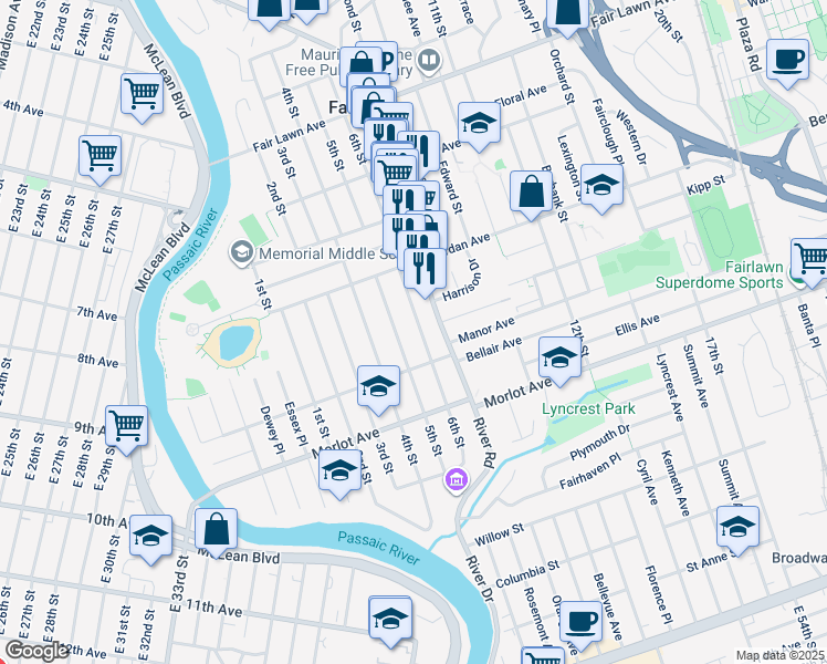 map of restaurants, bars, coffee shops, grocery stores, and more near 9-15 6th Street in Fair Lawn