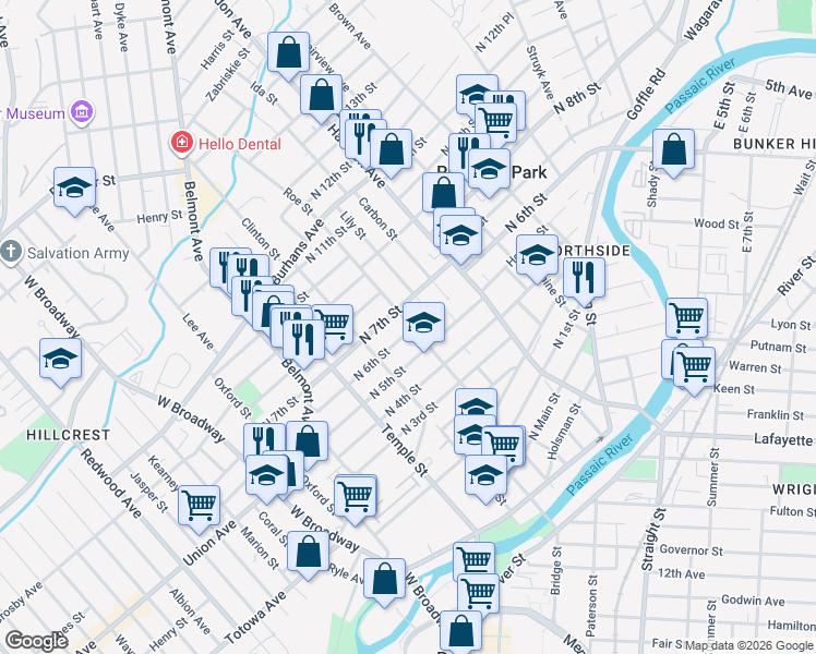 map of restaurants, bars, coffee shops, grocery stores, and more near 180 Jefferson Street in Paterson