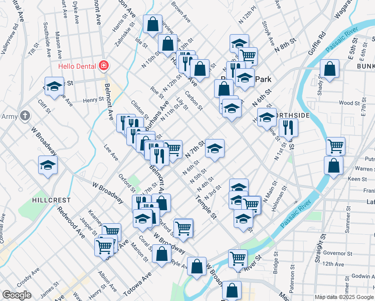 map of restaurants, bars, coffee shops, grocery stores, and more near 142 North 7th Street in Paterson