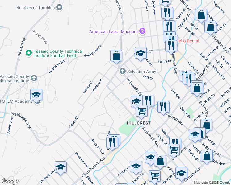 map of restaurants, bars, coffee shops, grocery stores, and more near 170 Granite Avenue in Paterson