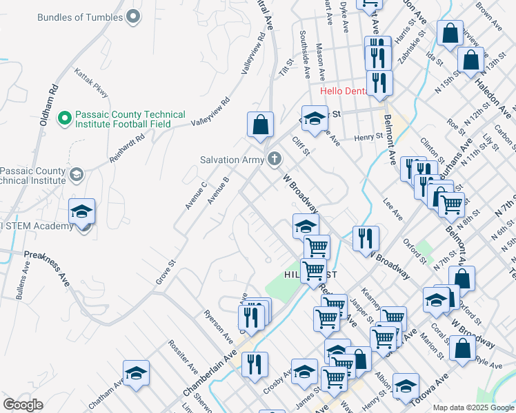 map of restaurants, bars, coffee shops, grocery stores, and more near 170 Granite Avenue in Paterson