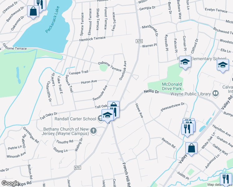map of restaurants, bars, coffee shops, grocery stores, and more near 48 Overlook Avenue in Wayne