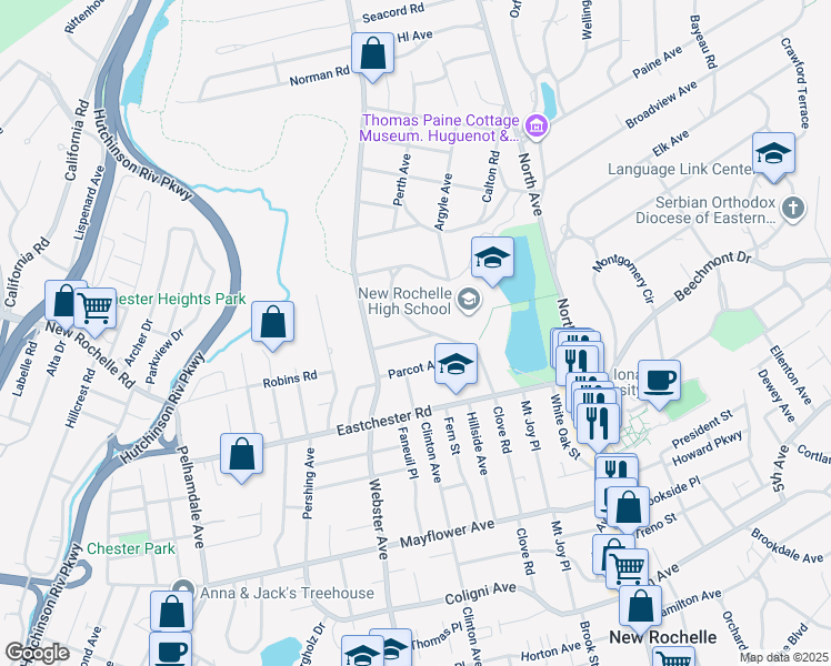 map of restaurants, bars, coffee shops, grocery stores, and more near 15 Otsego Avenue in New Rochelle