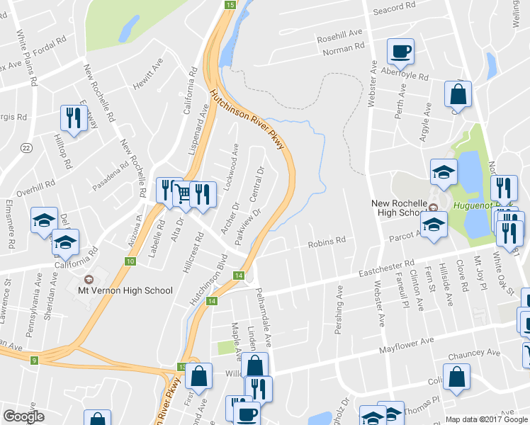 map of restaurants, bars, coffee shops, grocery stores, and more near 44 Parkview Drive in Bronxville