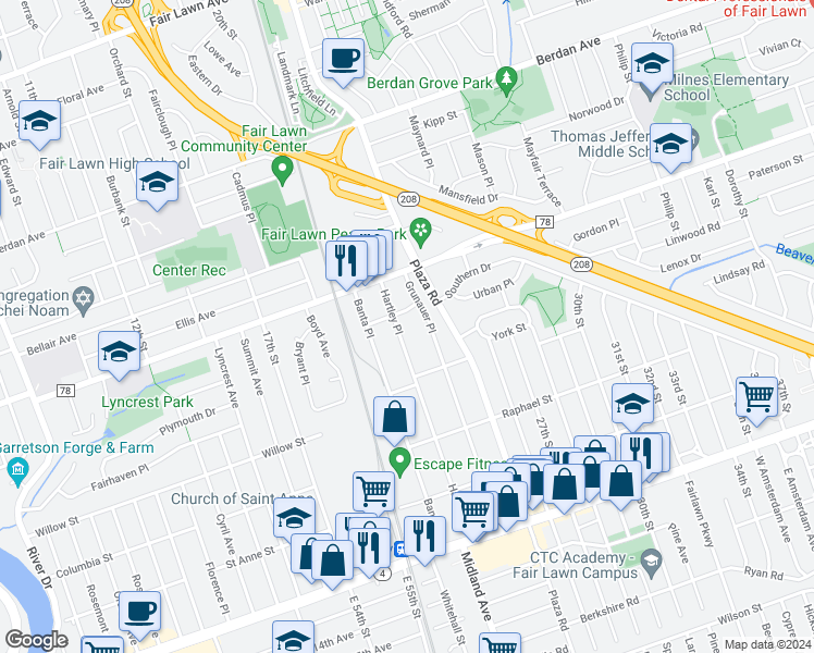 map of restaurants, bars, coffee shops, grocery stores, and more near 4-49 Hartley Place in Fair Lawn