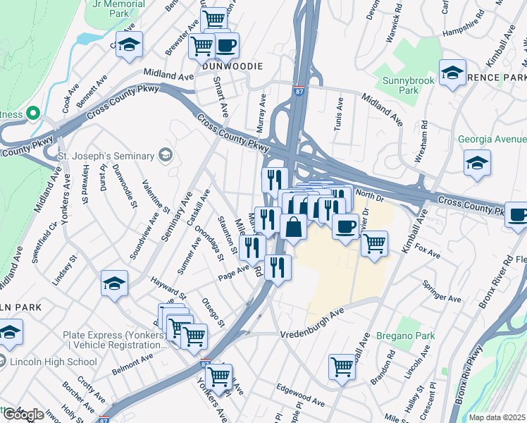 map of restaurants, bars, coffee shops, grocery stores, and more near 63 Henderson Avenue in Yonkers