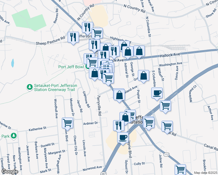 map of restaurants, bars, coffee shops, grocery stores, and more near in Port Jefferson Station