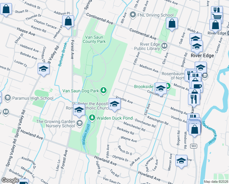 map of restaurants, bars, coffee shops, grocery stores, and more near 503 Manning Court in River Edge