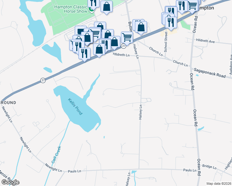 map of restaurants, bars, coffee shops, grocery stores, and more near 99 Trelawney Road in Bridgehampton