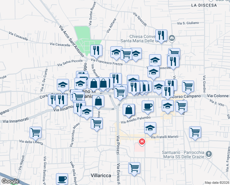 map of restaurants, bars, coffee shops, grocery stores, and more near 13 Via della Resistenza in Giugliano in Campania
