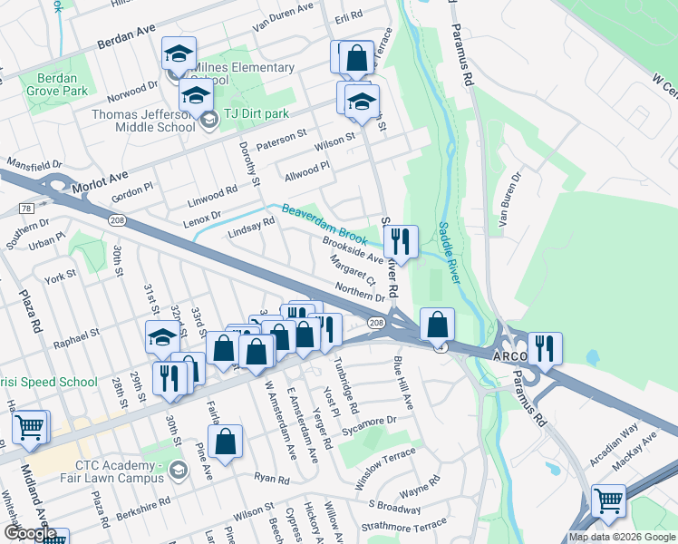 map of restaurants, bars, coffee shops, grocery stores, and more near 39-01 Northern Drive in Fair Lawn