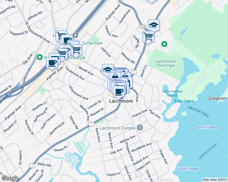map of restaurants, bars, coffee shops, grocery stores, and more near 2086 Boston Post Road in Larchmont