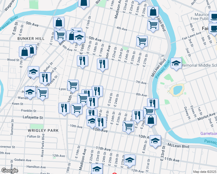 map of restaurants, bars, coffee shops, grocery stores, and more near 333 East 22nd Street in Paterson