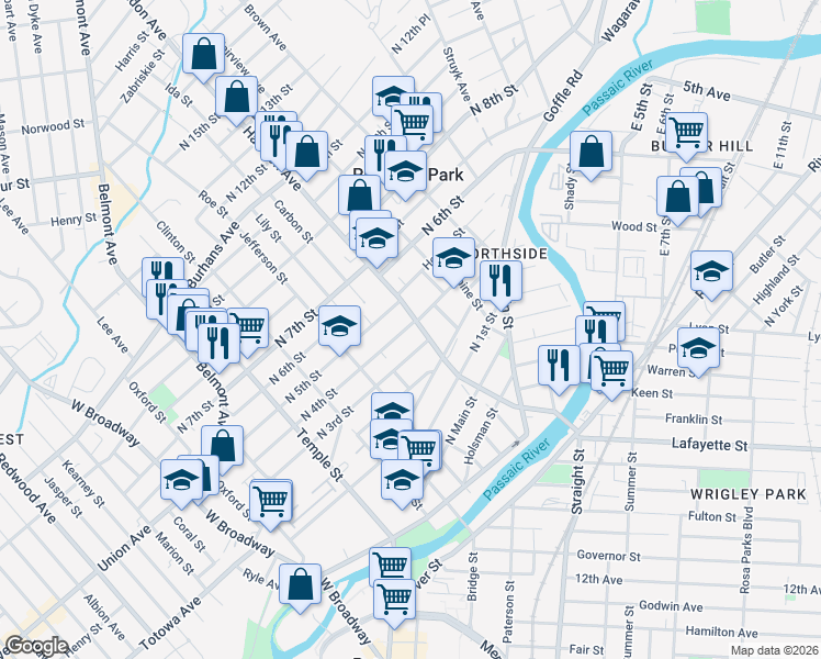 map of restaurants, bars, coffee shops, grocery stores, and more near in Paterson