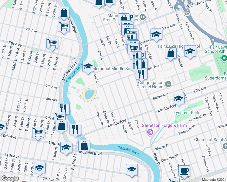 map of restaurants, bars, coffee shops, grocery stores, and more near 10-27 2nd Street in Fair Lawn