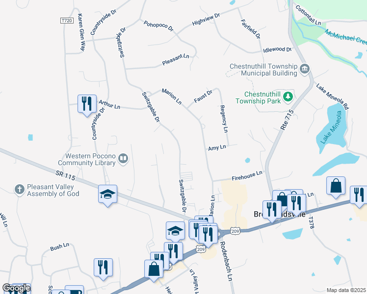 map of restaurants, bars, coffee shops, grocery stores, and more near 7 Switzgable Dr in Brodheadsville