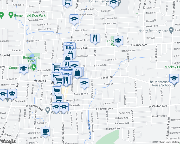 map of restaurants, bars, coffee shops, grocery stores, and more near 100 Bradley Avenue in Bergenfield