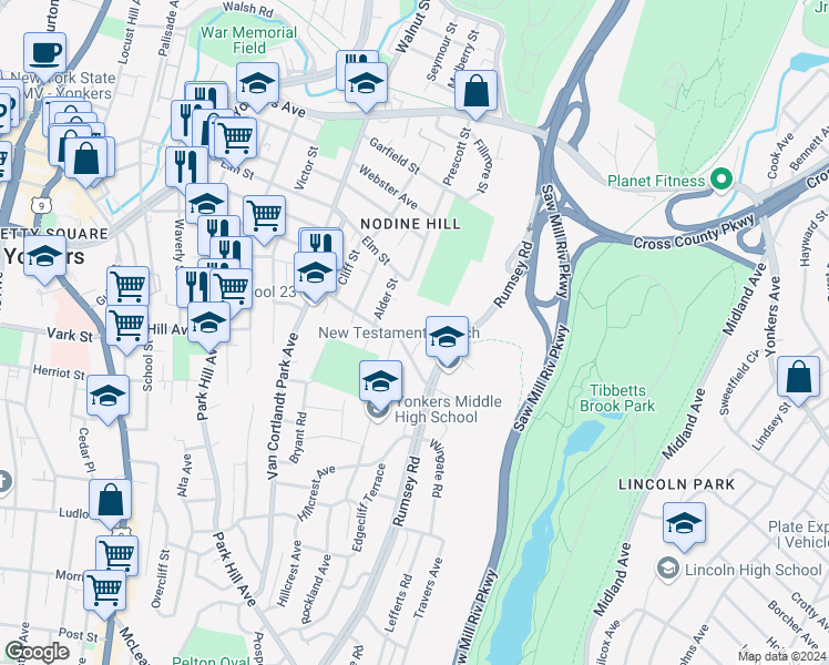 map of restaurants, bars, coffee shops, grocery stores, and more near 11 Kathy Lane in Yonkers