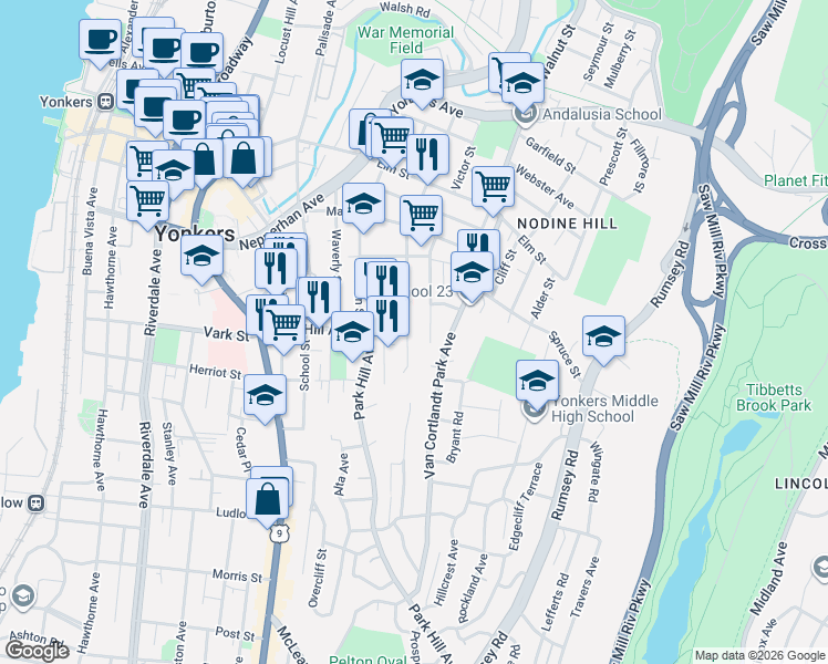 map of restaurants, bars, coffee shops, grocery stores, and more near 175 Beech Street in Yonkers