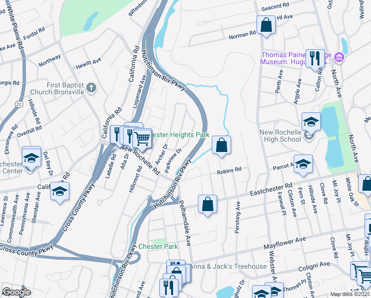 map of restaurants, bars, coffee shops, grocery stores, and more near 44 Parkview Drive in Bronxville