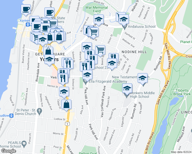 map of restaurants, bars, coffee shops, grocery stores, and more near 181 Oak Street in Yonkers