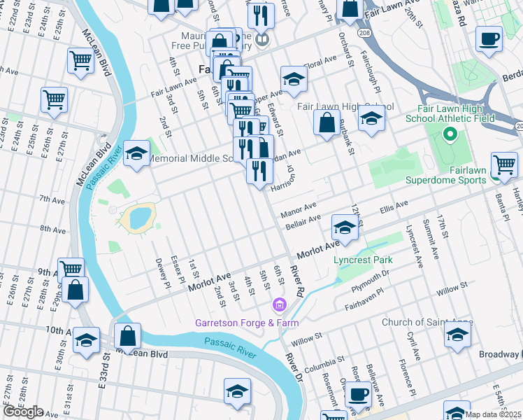 map of restaurants, bars, coffee shops, grocery stores, and more near 9-15 6th Street in Fair Lawn