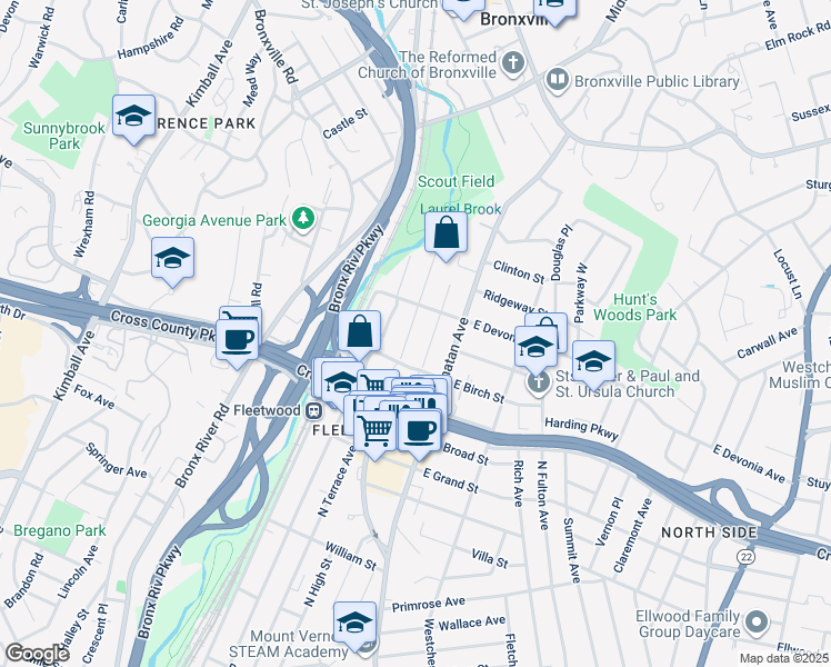 map of restaurants, bars, coffee shops, grocery stores, and more near 329 Collins Avenue in Mount Vernon