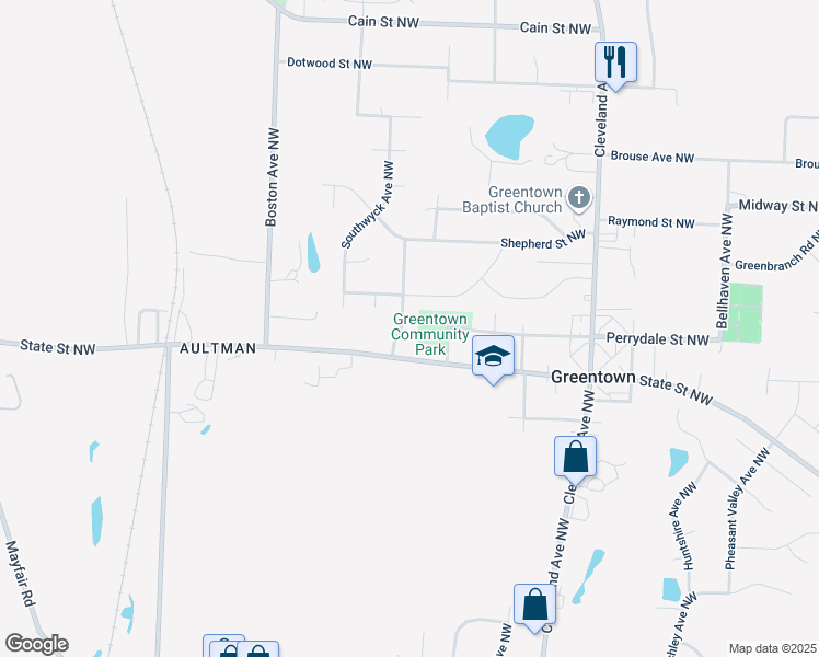 map of restaurants, bars, coffee shops, grocery stores, and more near 9880 Derbyshire Avenue Northwest in North Canton