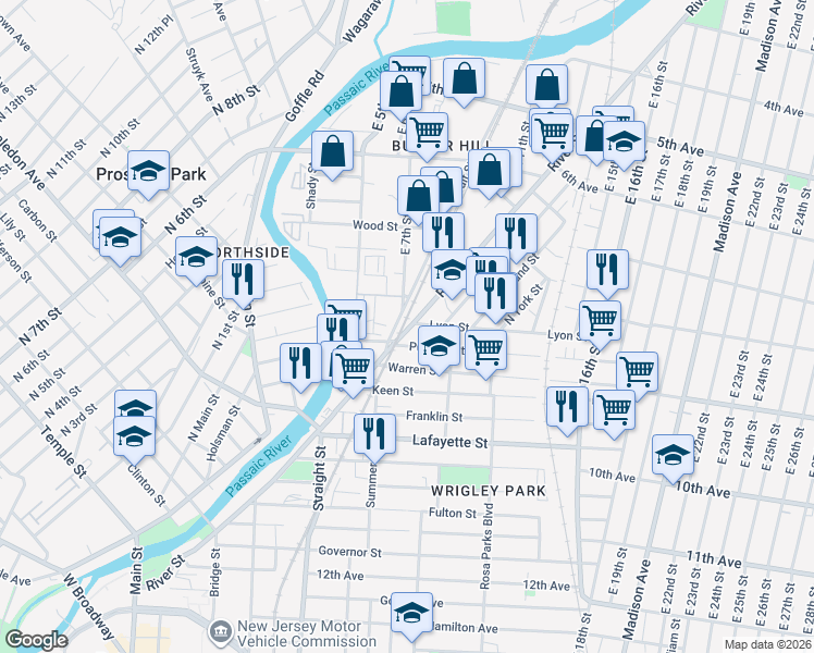 map of restaurants, bars, coffee shops, grocery stores, and more near 72 Lyon Street in Paterson
