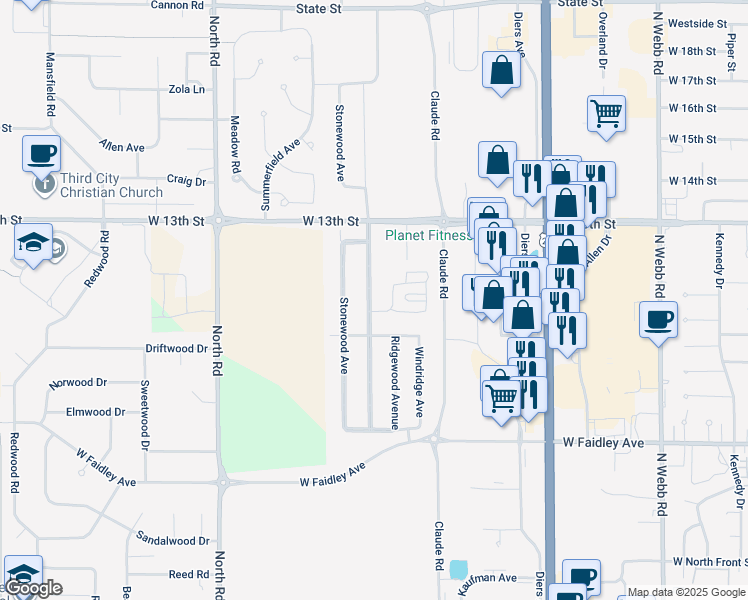 map of restaurants, bars, coffee shops, grocery stores, and more near 1039 Sagewood Avenue in Grand Island