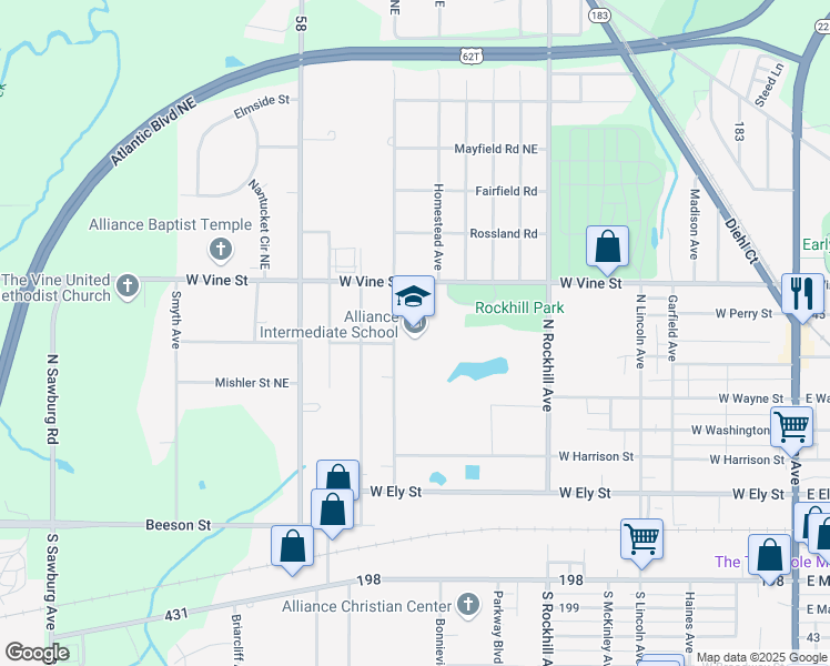 map of restaurants, bars, coffee shops, grocery stores, and more near 701 Johnson Avenue in Alliance