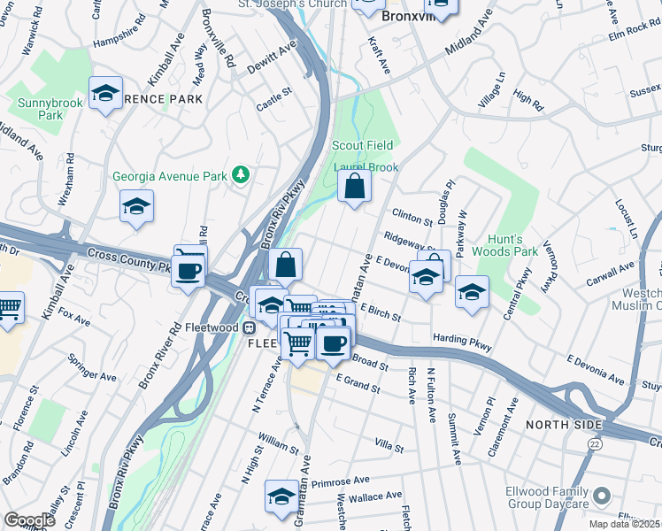 map of restaurants, bars, coffee shops, grocery stores, and more near 329 Collins Avenue in Mount Vernon