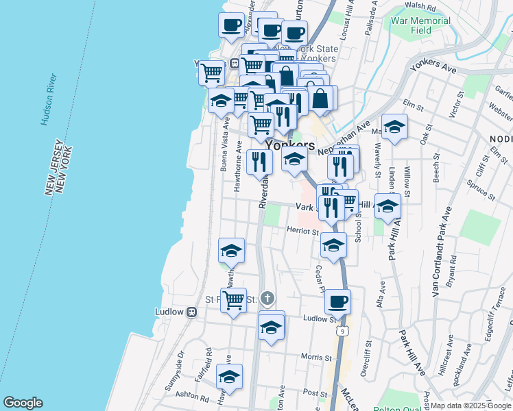 map of restaurants, bars, coffee shops, grocery stores, and more near in Yonkers