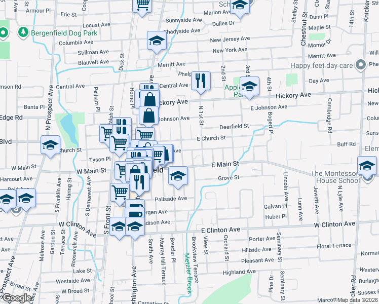 map of restaurants, bars, coffee shops, grocery stores, and more near 100 Bradley Avenue in Bergenfield
