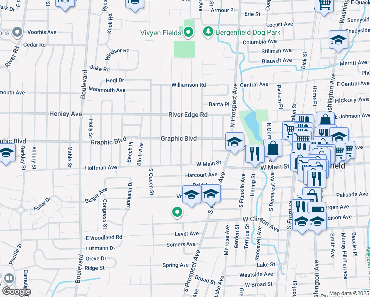 map of restaurants, bars, coffee shops, grocery stores, and more near 41 North Vivyen Street in Bergenfield