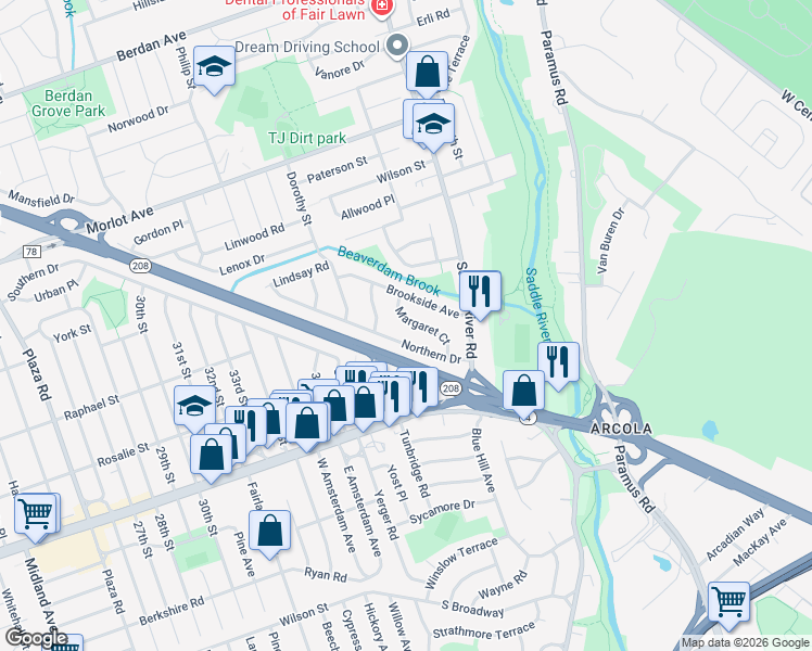 map of restaurants, bars, coffee shops, grocery stores, and more near 39-01 Northern Drive in Fair Lawn