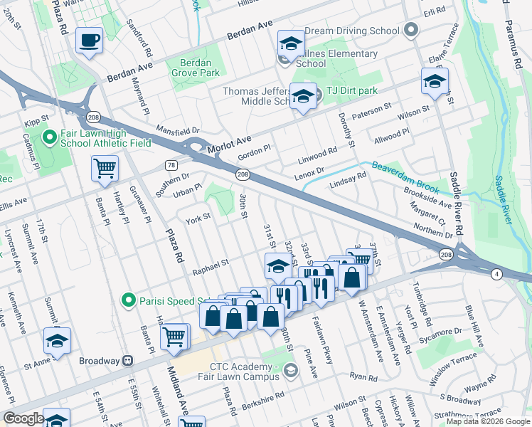 map of restaurants, bars, coffee shops, grocery stores, and more near 3-44 31st Street in Fair Lawn