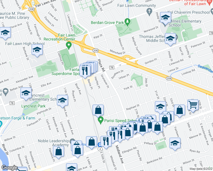 map of restaurants, bars, coffee shops, grocery stores, and more near 4-49 Hartley Place in Fair Lawn