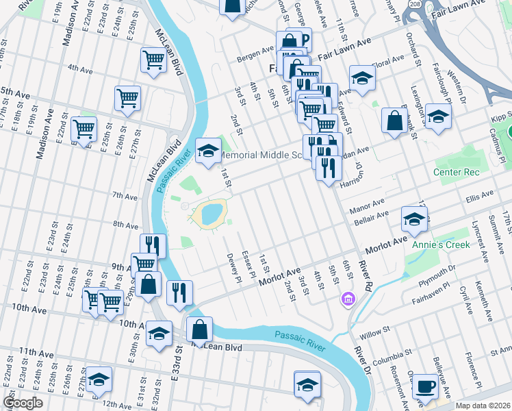 map of restaurants, bars, coffee shops, grocery stores, and more near 10-27 2nd Street in Fair Lawn